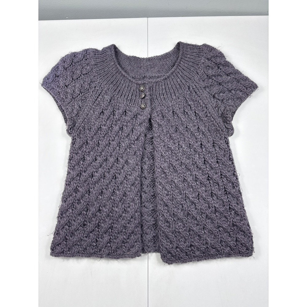 Aphorism Womens Purple Cable Knit Short Sleeve Cardigan Wool‎ Alpaca Blend Small